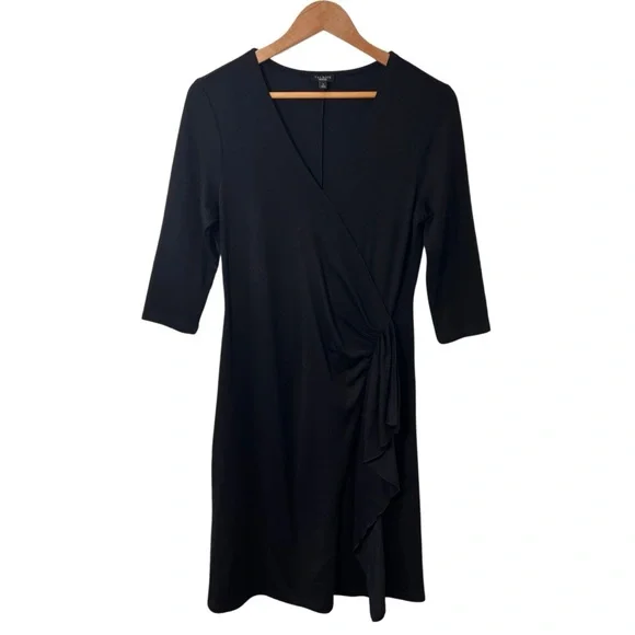 Talbots Black Wool Blend Dress Size 6 Faux Wrap Knee Length - Picture 1 of 13